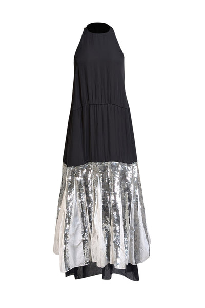 Tibi - Black Sleeveless Drop Waist Sequin Pleated Bottom Dress Sz 4 | Current Boutique Tibi - Black Sleeveless Drop Waist Sequin Pleated Bottom Dress Sz 4 | Current Boutique