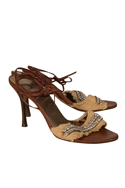Dolce & Gabbana - Beige Raffia Upper w/ Rhinestone Trim Strappy Sandal Heels Sz 11 - Current Boutique