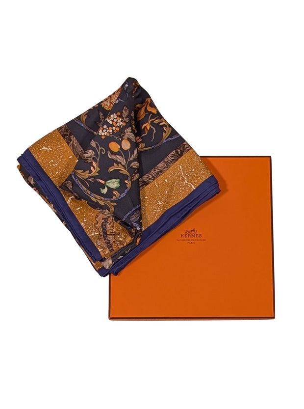 Hermes - Navy, Green, Gold, & Multicolor Floral Silk Scarf - Current Boutique