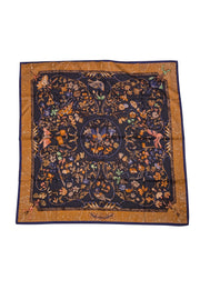 Hermes - Navy, Green, Gold, & Multicolor Floral Silk Scarf - Current Boutique