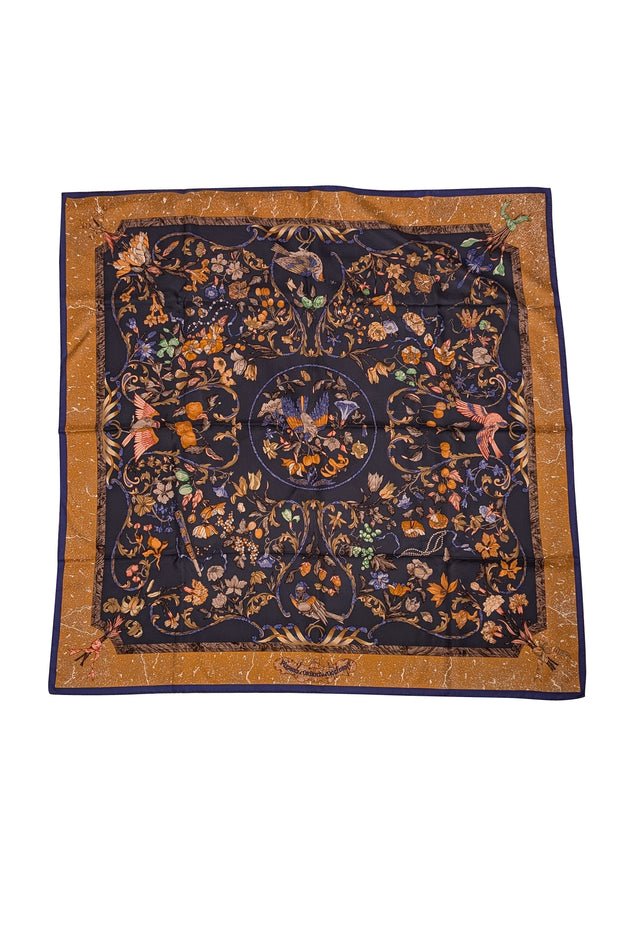 Hermes - Navy, Green, Gold, & Multicolor Floral Silk Scarf - Current Boutique