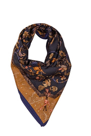 Hermes - Navy, Green, Gold, & Multicolor Floral Silk Scarf - Current Boutique