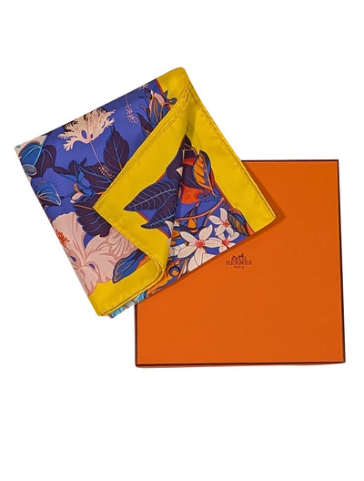 Hermes - Yellow, Blue, & Multicolor Floral "Flamingo Party" Silk Scarf - Current Boutique
