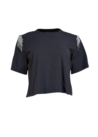 Veronica Beard - Black Short Sleeve Rhinestone Trim Top Sz S - Current Boutique