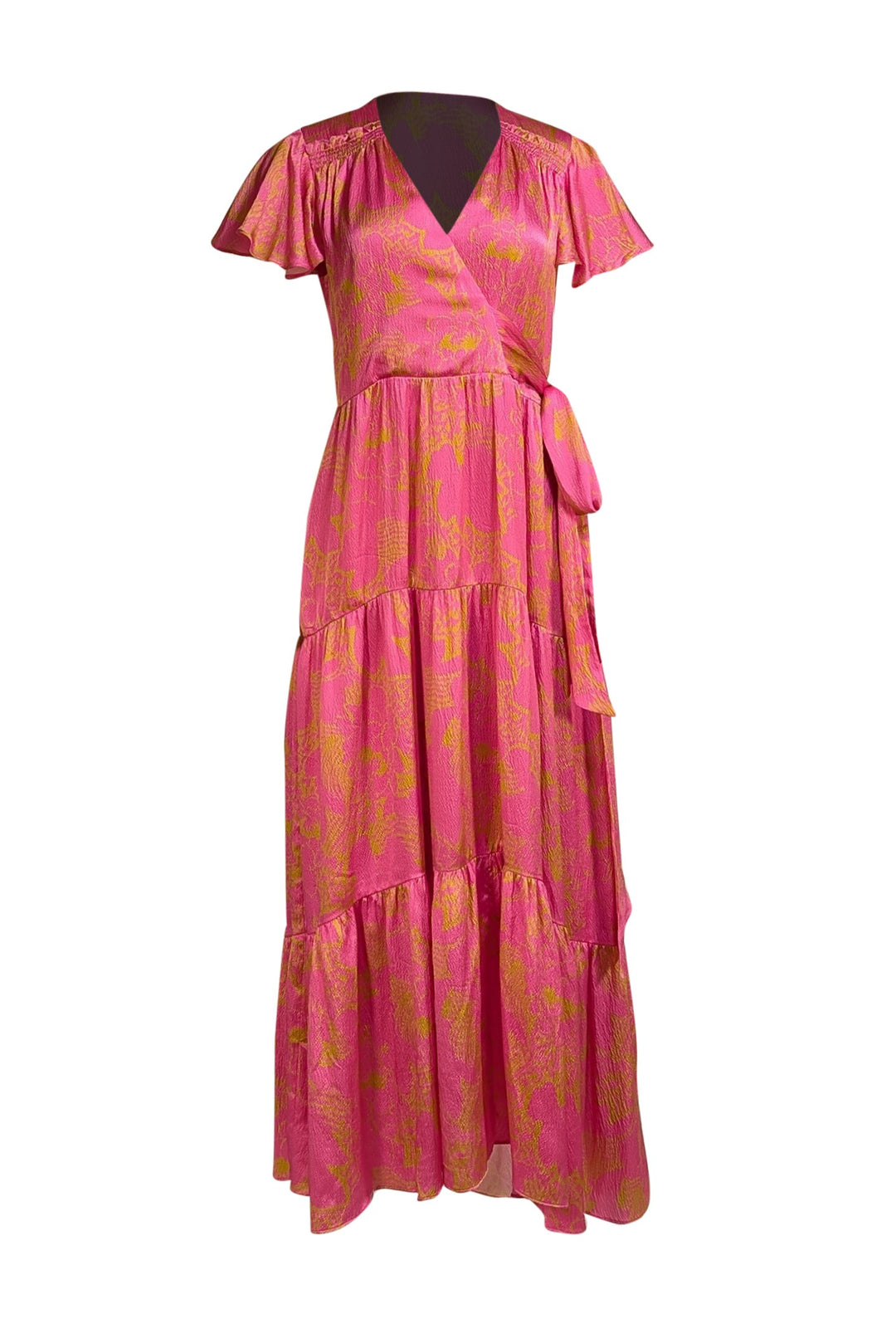 Tanya Taylor - Pink & Gold Print Faux Wrap Maxi Dress Sz 6 Tanya Taylor - Pink & Gold Print Faux Wrap Maxi Dress Sz 6