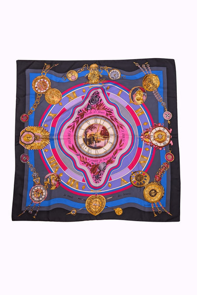 Hermes - Black, Pink, Blue, & Gold Clock Print Silk Scarf - Current Boutique