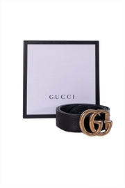 Gucci - Black Leather Brass Logo Belt Sz S