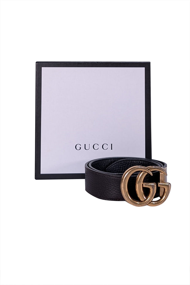 Gucci - Black Leather Brass Logo Belt Sz S