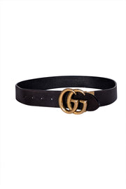 Gucci - Black Leather Brass Logo Belt Sz S