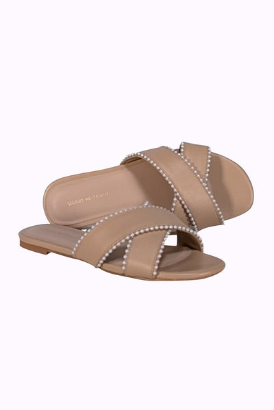 Stuart Weitzman - Beige Leather Pearl Trim Slide Sandals Sz 8.5 - Current Boutique