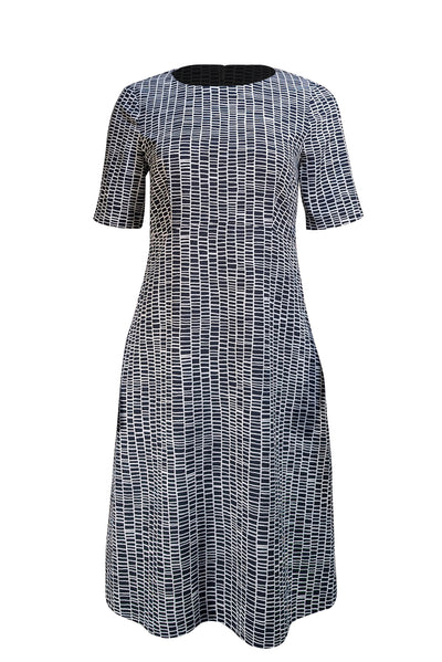 Peserico - Navy & White Print Short Sleeve Dress Sz M - Current Boutique