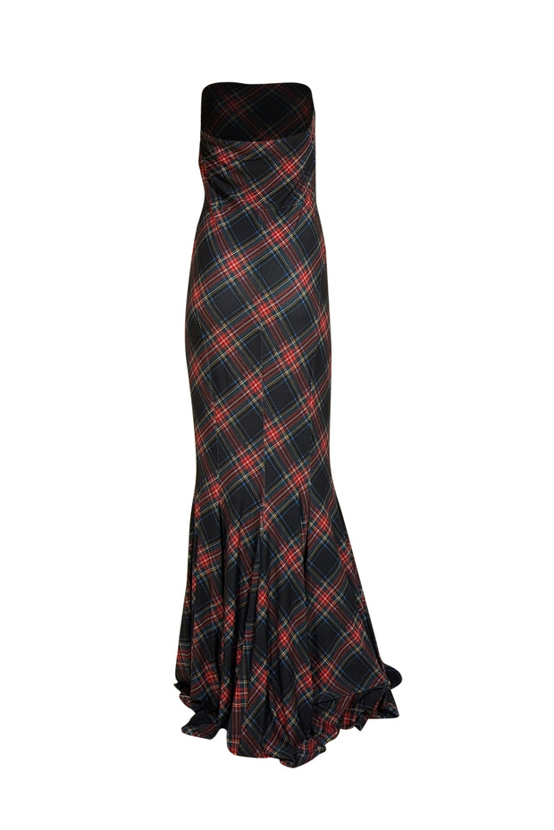 Norma Kamali - Black, Red, Green & Blue Plaid Strapless Maxi Dress Sz L