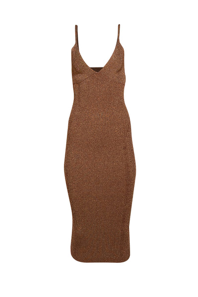 Retrofete - Brown & Gold Metallic Blend Knit Sleeveless Midi Dress Sz L - Current Boutique
