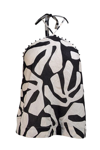 Pink Filosofy - Ivory & Black Print Halter Top Sz L - Current Boutique