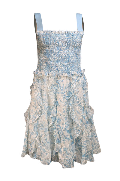 Alice & Olivia - Blue & Ivory Eyelet Smocked Bodice Dress Sz 6 - Current Boutique