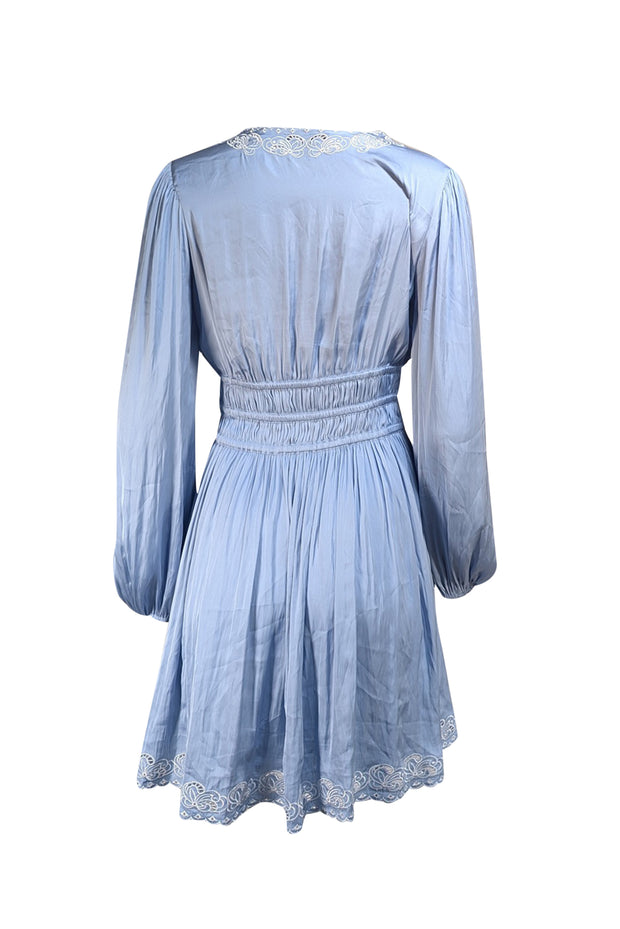 Maje - Pale Blue Eyelet Trim Smocked Waist Dress Sz 8 - Current Boutique