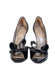 Valentino - Black Patent Leather Bow Open Toe Pumps Sz 9 - Current Boutique