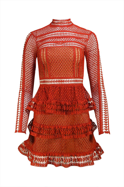Self-Portrait - Rust Red Eyelet Lace Long Sleeve Dress Sz 2 - Current Boutique