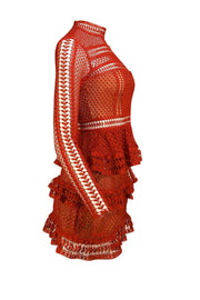 Self-Portrait - Rust Red Eyelet Lace Long Sleeve Dress Sz 2 - Current Boutique