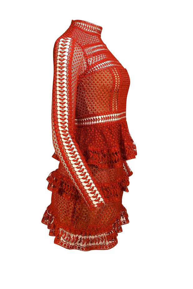 Self-Portrait - Rust Red Eyelet Lace Long Sleeve Dress Sz 2 - Current Boutique