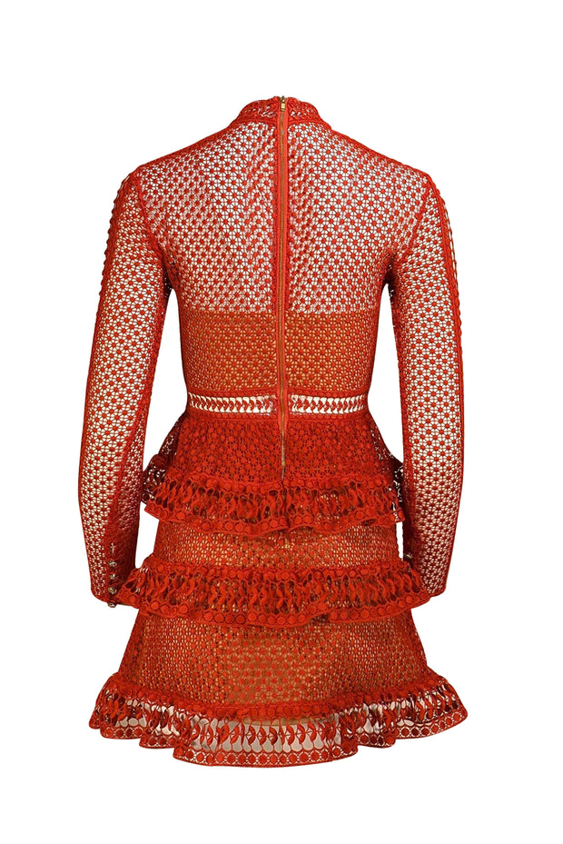 Self-Portrait - Rust Red Eyelet Lace Long Sleeve Dress Sz 2 - Current Boutique