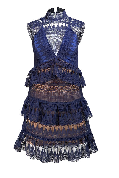 Self-Portrait- Deep Blue Eyelet Lace Mock Neck Dress Sz 2 - Current Boutique