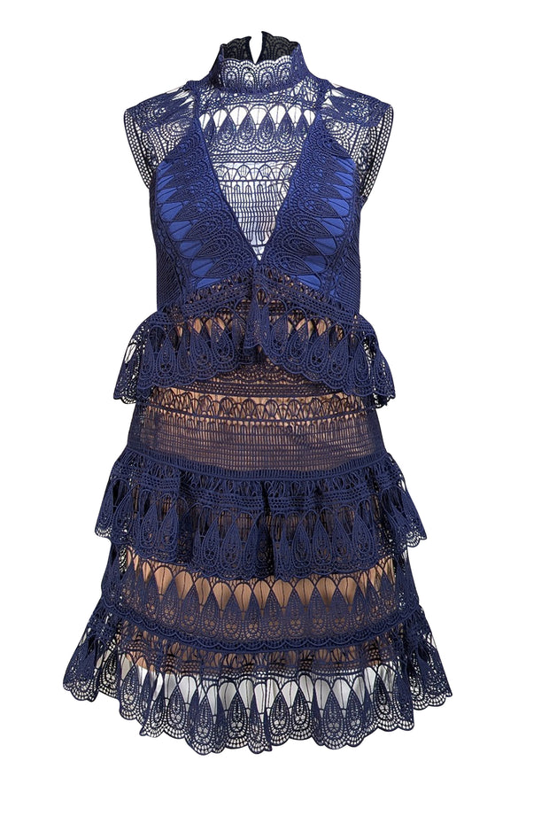 Self-Portrait- Deep Blue Eyelet Lace Mock Neck Dress Sz 2 - Current Boutique