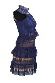 Self-Portrait- Deep Blue Eyelet Lace Mock Neck Dress Sz 2 - Current Boutique