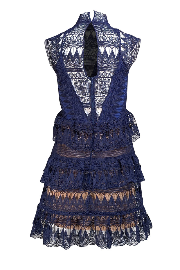 Self-Portrait- Deep Blue Eyelet Lace Mock Neck Dress Sz 2 - Current Boutique