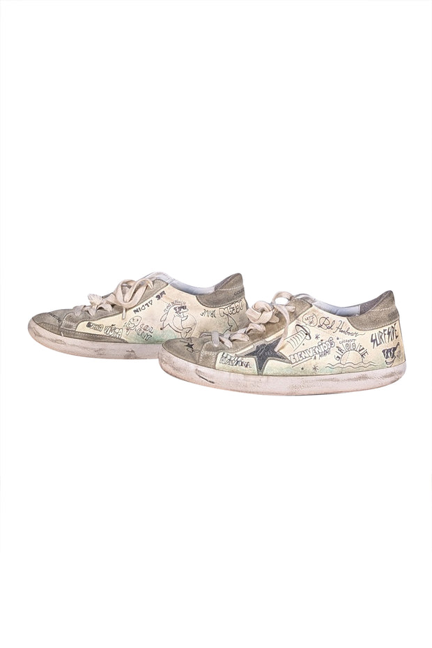 Golden Goose - Cream & Grey Graffiti Distressed Super Star Sneakers Sz 10 - Current Boutique