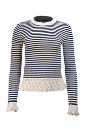 Sea NY - White & Navy Stripe w/ Crochet Knit Trim Top Sz M - Current Boutique