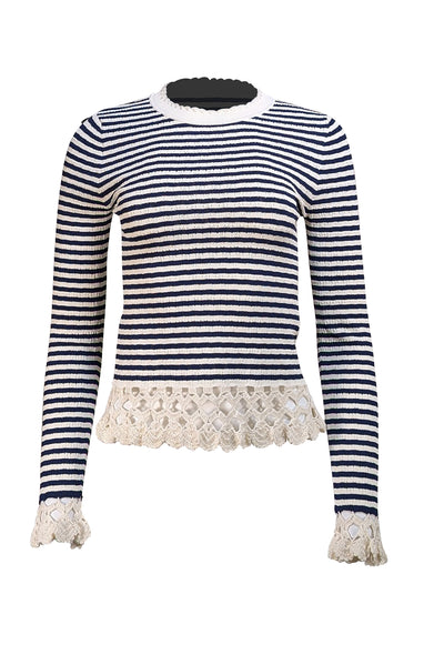 Sea NY - White & Navy Stripe w/ Crochet Knit Trim Top Sz M - Current Boutique