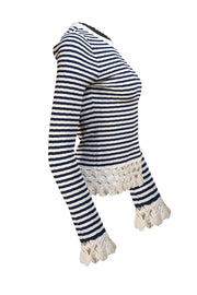 Sea NY - White & Navy Stripe w/ Crochet Knit Trim Top Sz M - Current Boutique