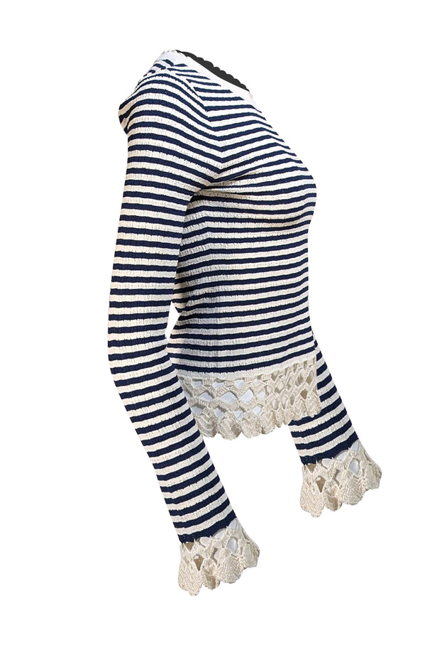 Sea NY - White & Navy Stripe w/ Crochet Knit Trim Top Sz M - Current Boutique