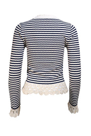 Sea NY - White & Navy Stripe w/ Crochet Knit Trim Top Sz M - Current Boutique