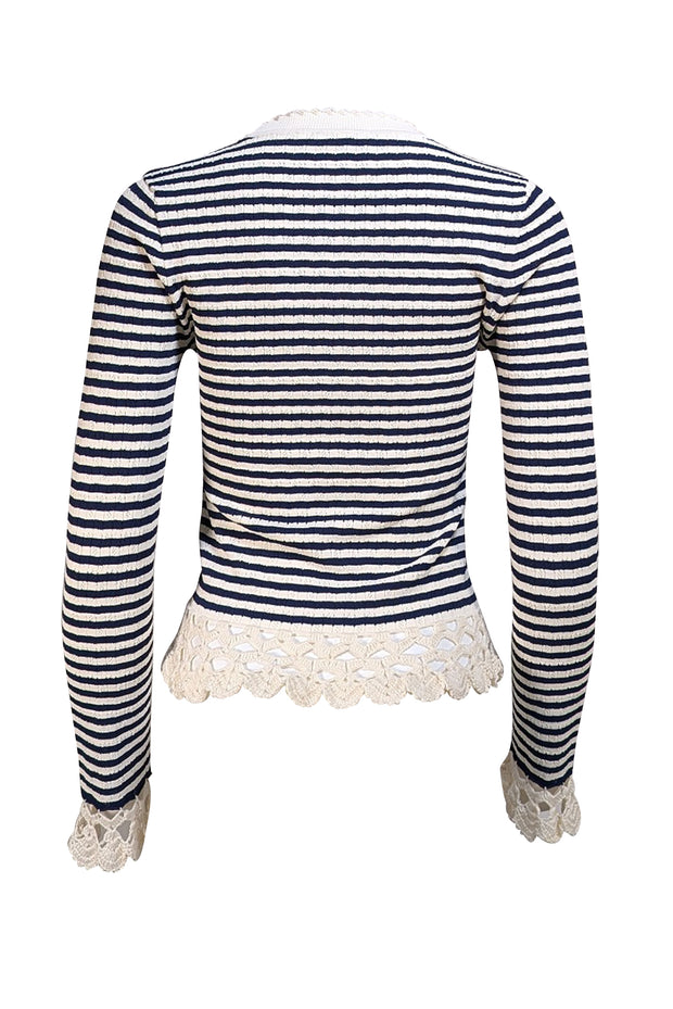 Sea NY - White & Navy Stripe w/ Crochet Knit Trim Top Sz M - Current Boutique