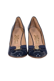 Ferragamo - Navy Patent Leather Bow Toe Pumps Sz 8.5 - Current Boutique