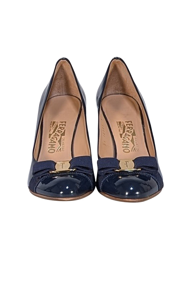 Ferragamo - Navy Patent Leather Bow Toe Pumps Sz 8.5 - Current Boutique