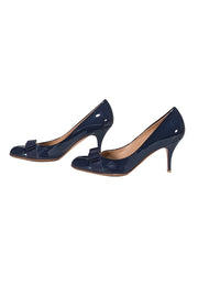 Ferragamo - Navy Patent Leather Bow Toe Pumps Sz 8.5 - Current Boutique