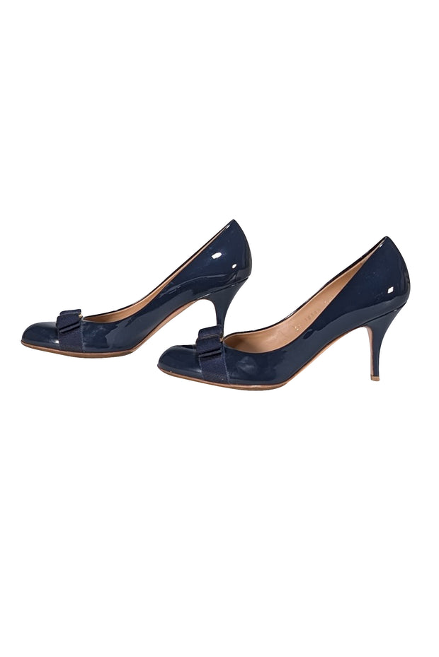 Ferragamo - Navy Patent Leather Bow Toe Pumps Sz 8.5 - Current Boutique