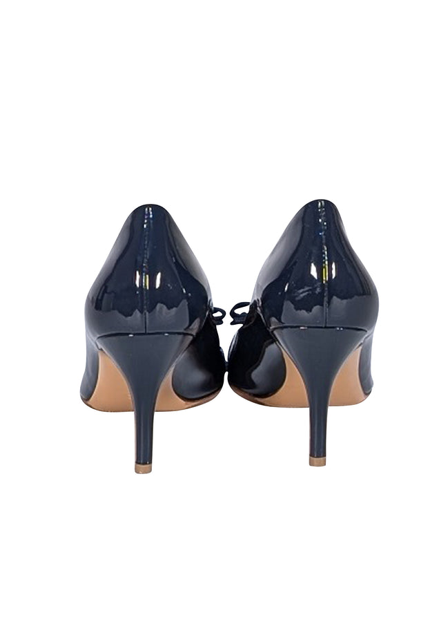 Ferragamo - Navy Patent Leather Bow Toe Pumps Sz 8.5 - Current Boutique