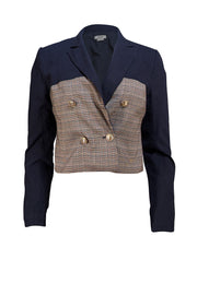 Jason Wu - Navy & Brown Check Double Breasted Cropped Blazer Sz S - Current Boutique