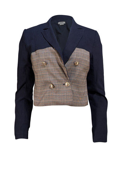 Jason Wu - Navy & Brown Check Double Breasted Cropped Blazer Sz S - Current Boutique