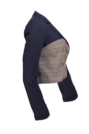 Jason Wu - Navy & Brown Check Double Breasted Cropped Blazer Sz S - Current Boutique