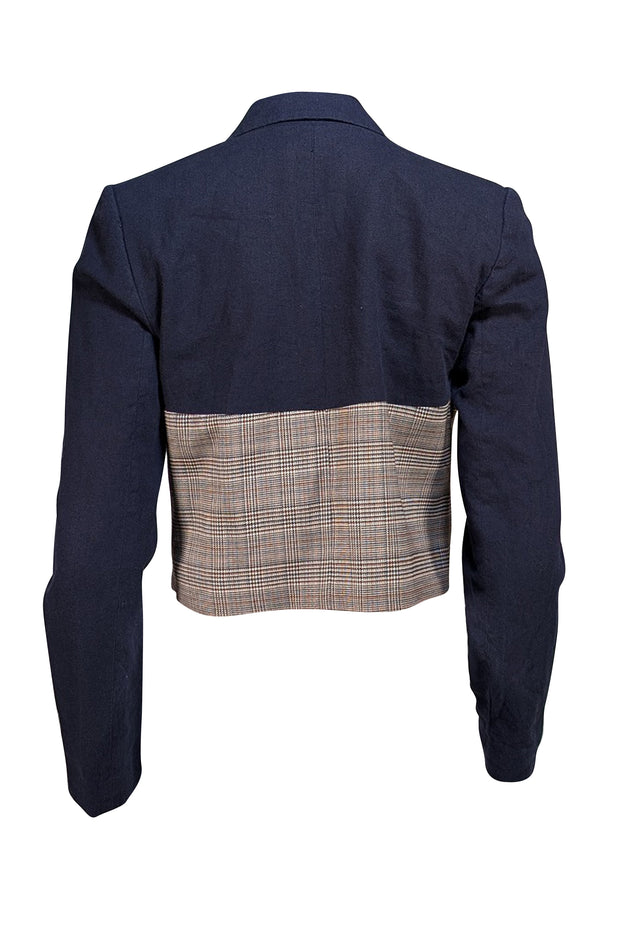 Jason Wu - Navy & Brown Check Double Breasted Cropped Blazer Sz S - Current Boutique