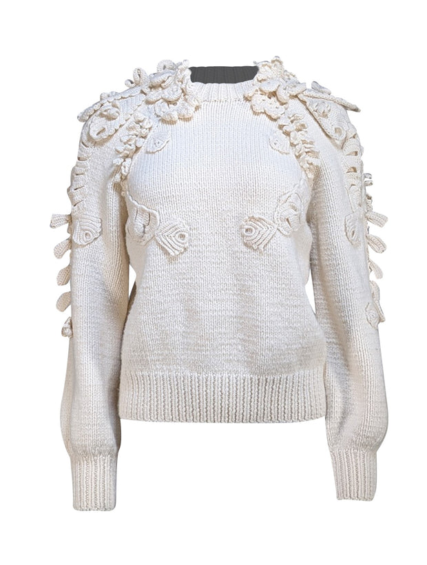 Spencer Vladimir - Cream Wool & Cashmere Blend Flower Detail Sweater Sz XS/S - Current Boutique