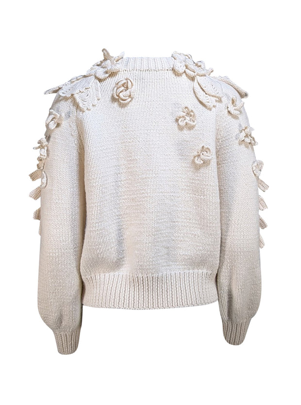 Spencer Vladimir - Cream Wool & Cashmere Blend Flower Detail Sweater Sz XS/S - Current Boutique