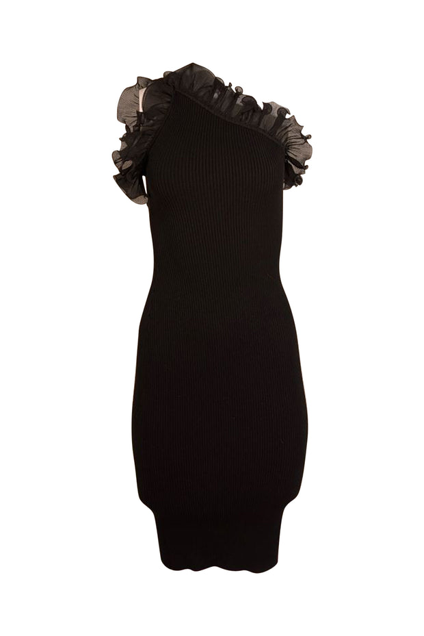 milly black dress Scallop Ruffle One Shoulder Mini Small occasion lineup Mourning Dress Code Petite Size:32