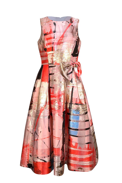 Teri Jon - Pink, Coral, Gold, & Blue Print Bow Front Dress Sz 8 - Current Boutique