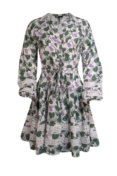 maje roman floral print lace inset dress Maje Women Roman Lace Inset Floral Print Dress Vegetal Ecru Size 38/6US